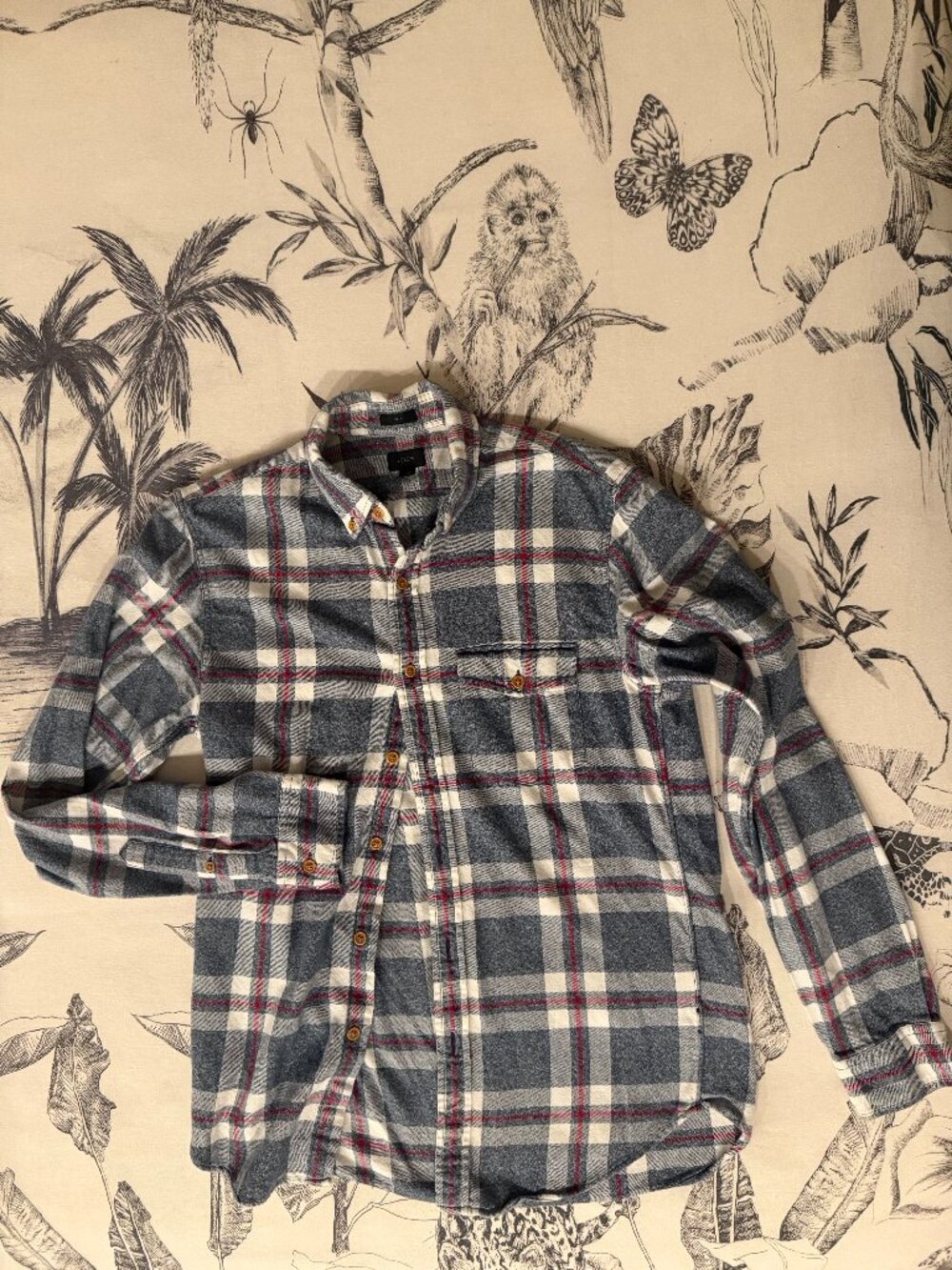 J.Crew Men's S Slim Fit Flannel Shirt Grey Plaid Red Accent 100% Cotton